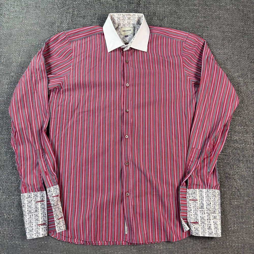 Ted Baker Archive Button Down Shirt Mens 16 Red Navy Striped Egyptian Cotton